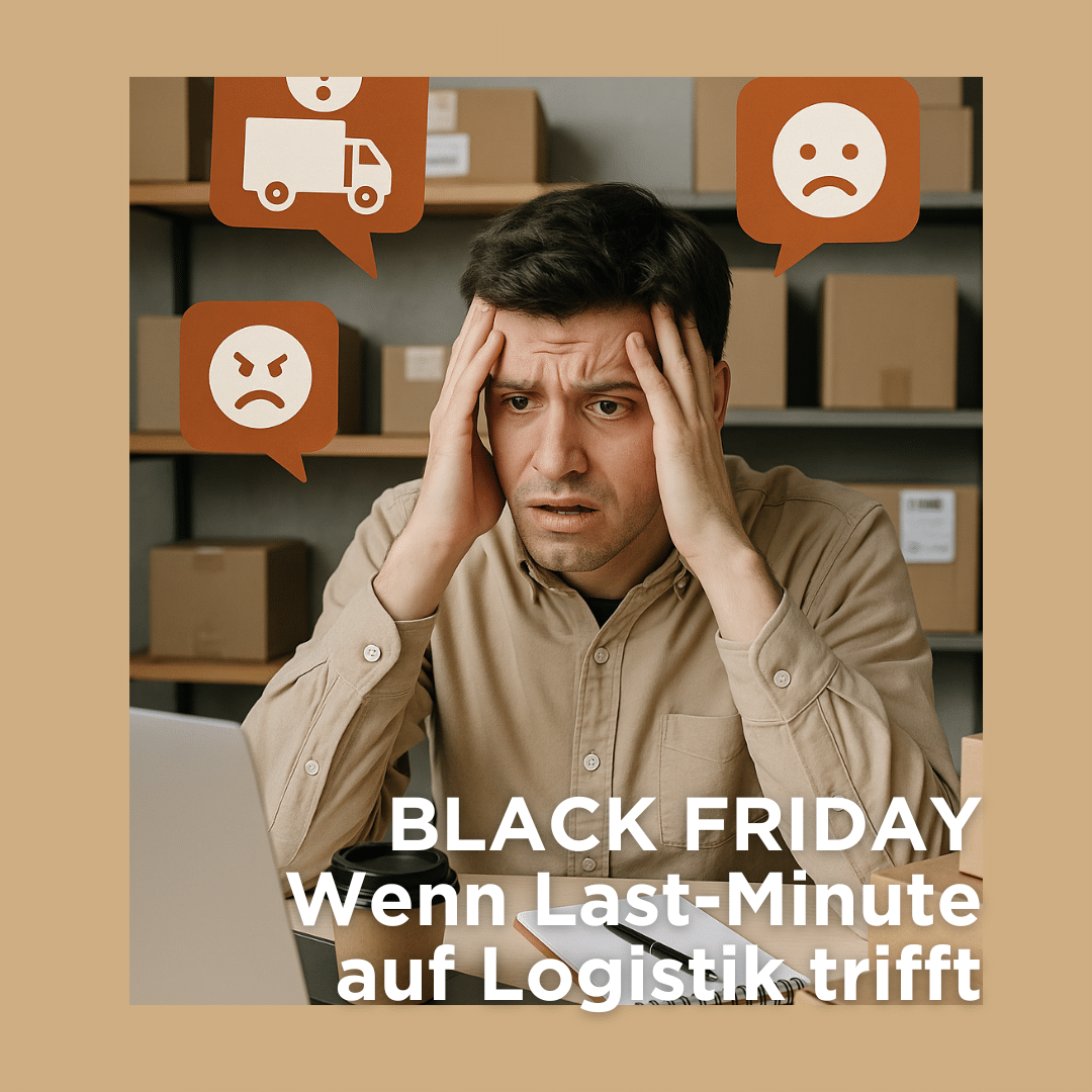 Gestresster E-Commerce-Händler sitzt an seinem Schreibtisch zwischen Paketen, Laptop und Rechnungen – überfordert mit Logistikproblemen und unzufriedenen Kunden vor dem Black Friday.