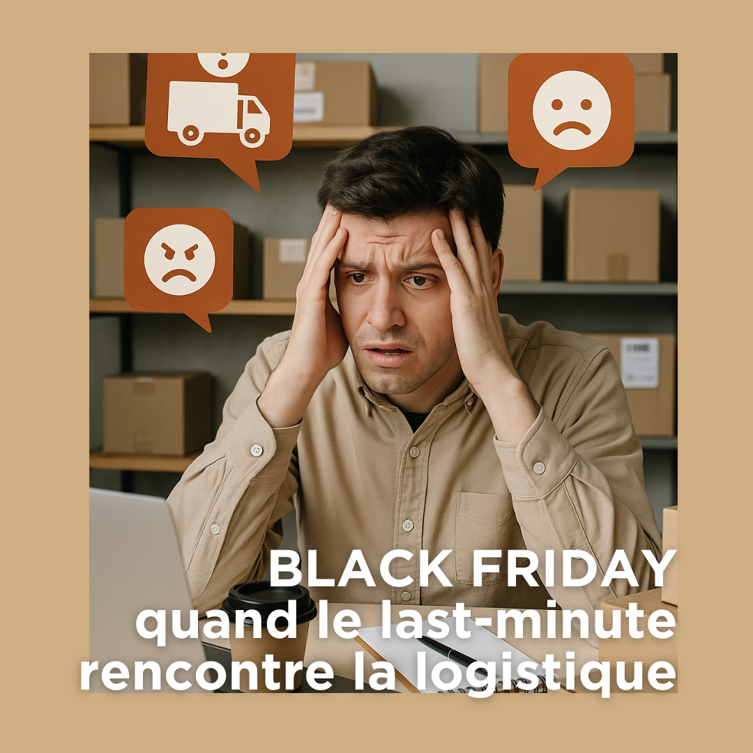 Commerçant e-commerce stressé assis à son bureau entouré de colis et d’un ordinateur portable – débordé par les problèmes logistiques et les clients mécontents avant le Black Friday.
