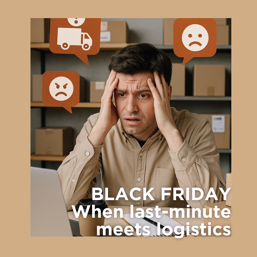 Black Friday A stressed e-commerce store owner sitting at his desk surrounded by parcels and a laptop, overwhelmed by Black Friday logistics and customer complaints.