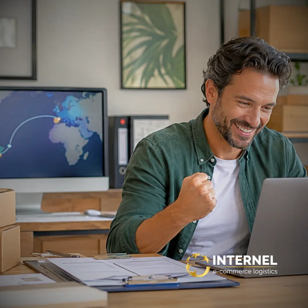 Man in a green shirt celebrates while working on a laptop at a cluttered desk with shipping boxes and a world map on the monitor; brand logo visible (INTER NEL e-commerce logistics).