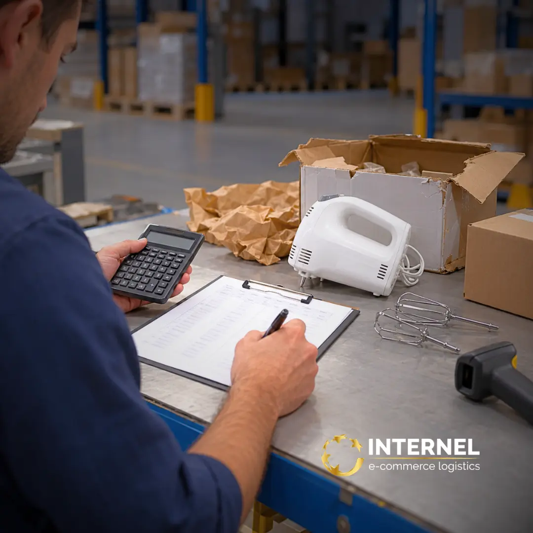 Warehouse worker reviewing return processing costs with a calculator beside a returned hand mixer and damaged packaging.